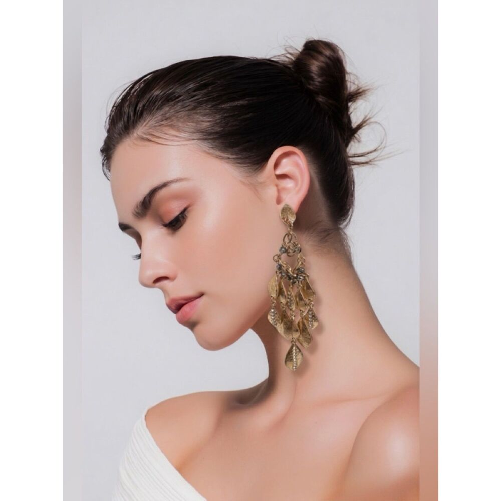 Gold-Tone Leaf Rhinestones  Earrings